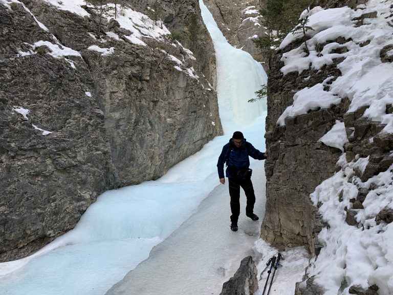 Icewalk to the waterfall in Grotto Canyon