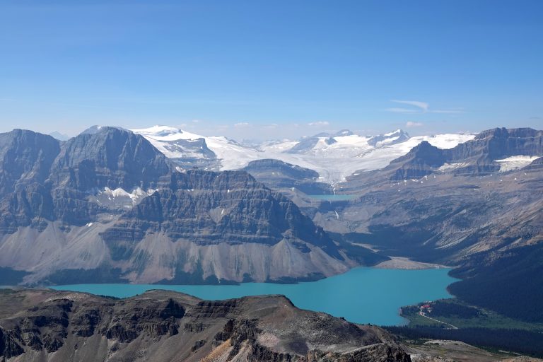 Wapta Icefield feeds into Iceberg Lake to Bow Glacier Falls to Bow Lake and Bow River