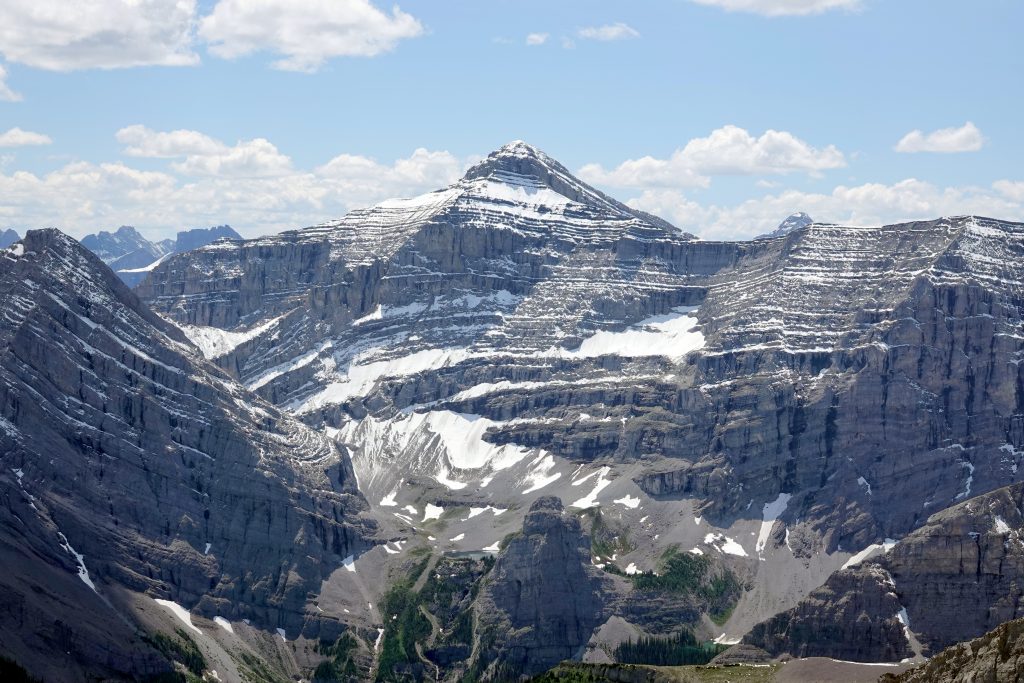 Mount Bogart, Bogart Tower below it and Memorial Lakes around it - from Mount Allan